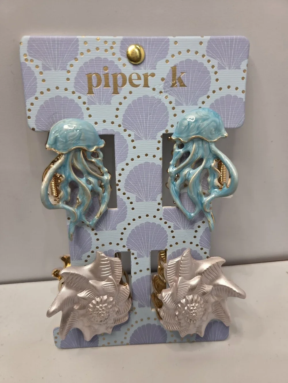 💙▪️Piper K ▪️ Ocean Jellyfish and Shell Hair Claw Clip- Aqua/ Pearl Set Of 4